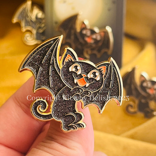 Cat Bat Takes Flight  enamel pin with glitter