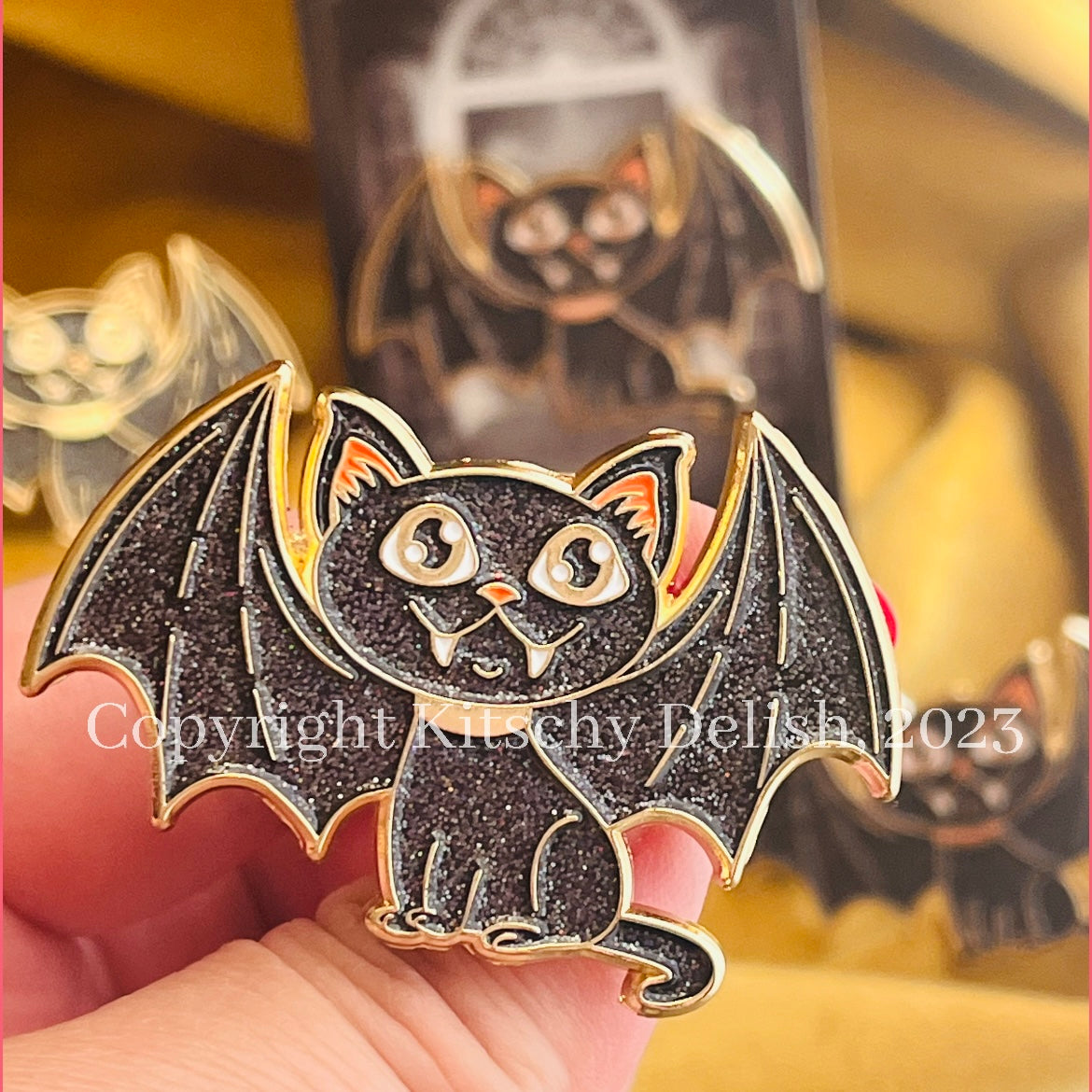 Cat Bat at Home Enamel Pin With Glitter