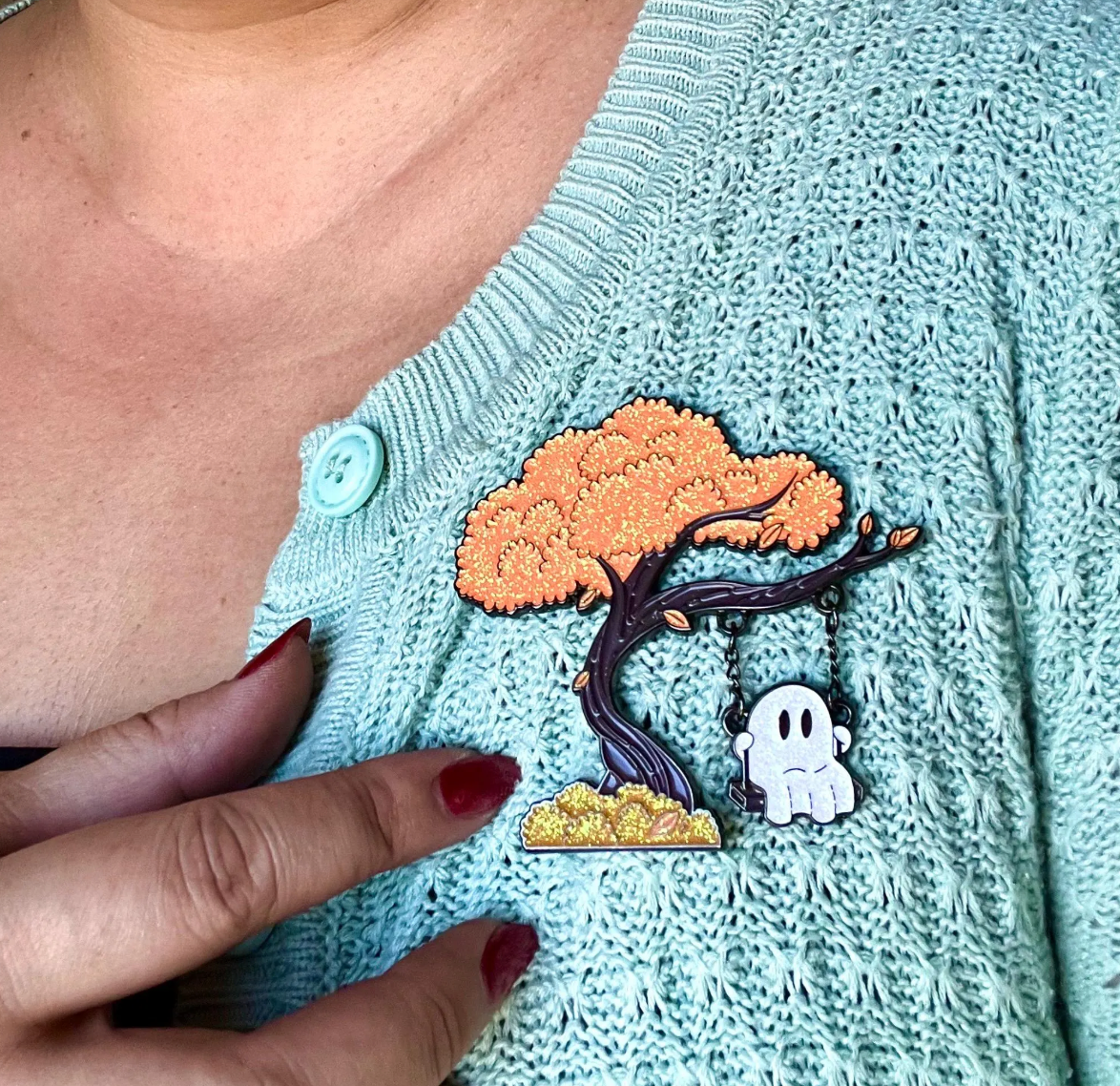 Ghost on a Swing, large glitter enamel pin