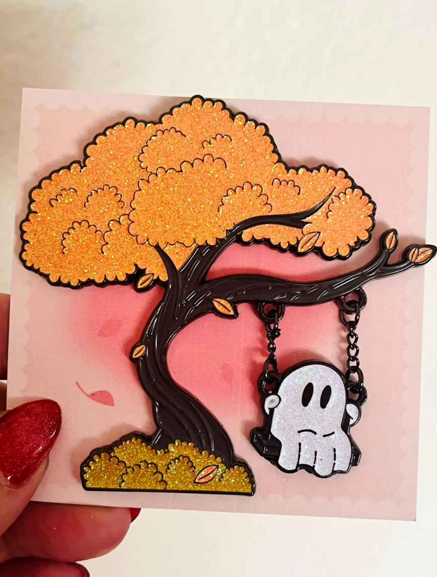 Ghost on a Swing, large glitter enamel pin