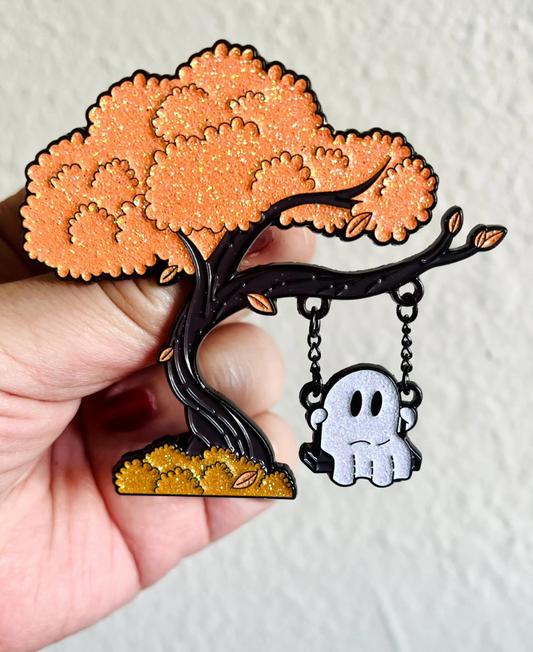 Ghost on a Swing, large glitter enamel pin