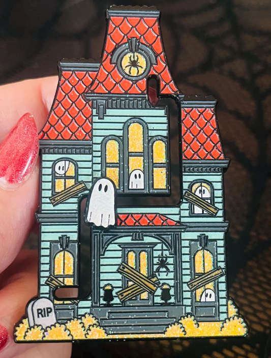 Wandering Ghost, Haunted House moving enamel pin with glitter!