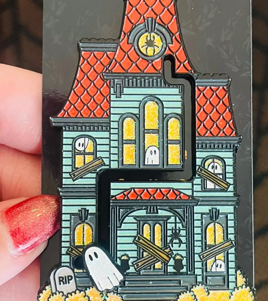 Wandering Ghost, Haunted House moving enamel pin with glitter!