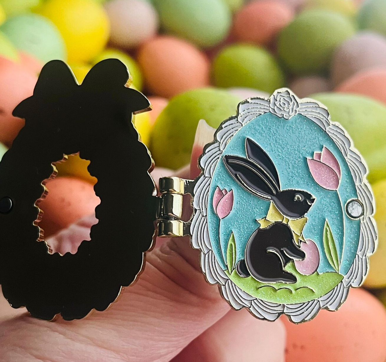 Sugar Egg Diorama Pin – A Sweet Easter Surprise! Soft enamel hinge pin with glitter!