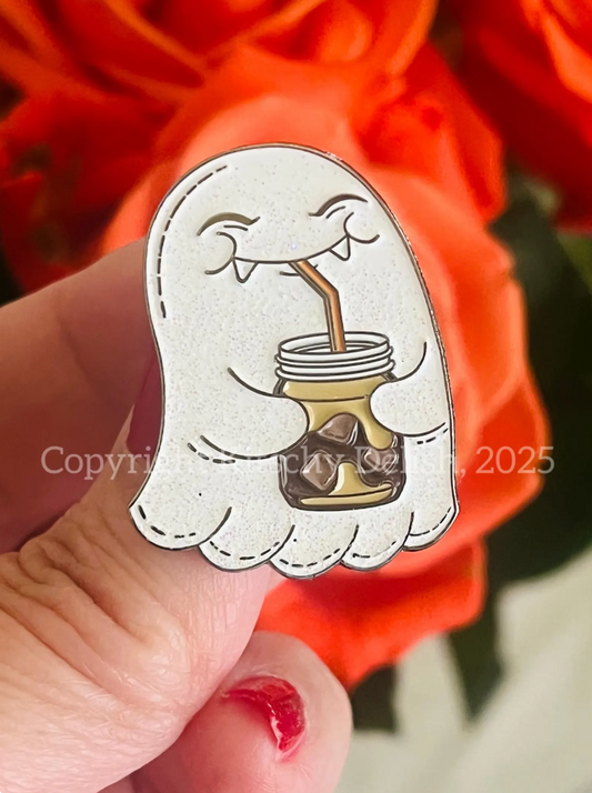 Iced Coffee Ghost Enamel Pin – Glittery Gold Plated Halloween Pin, Cute Fall Accessory