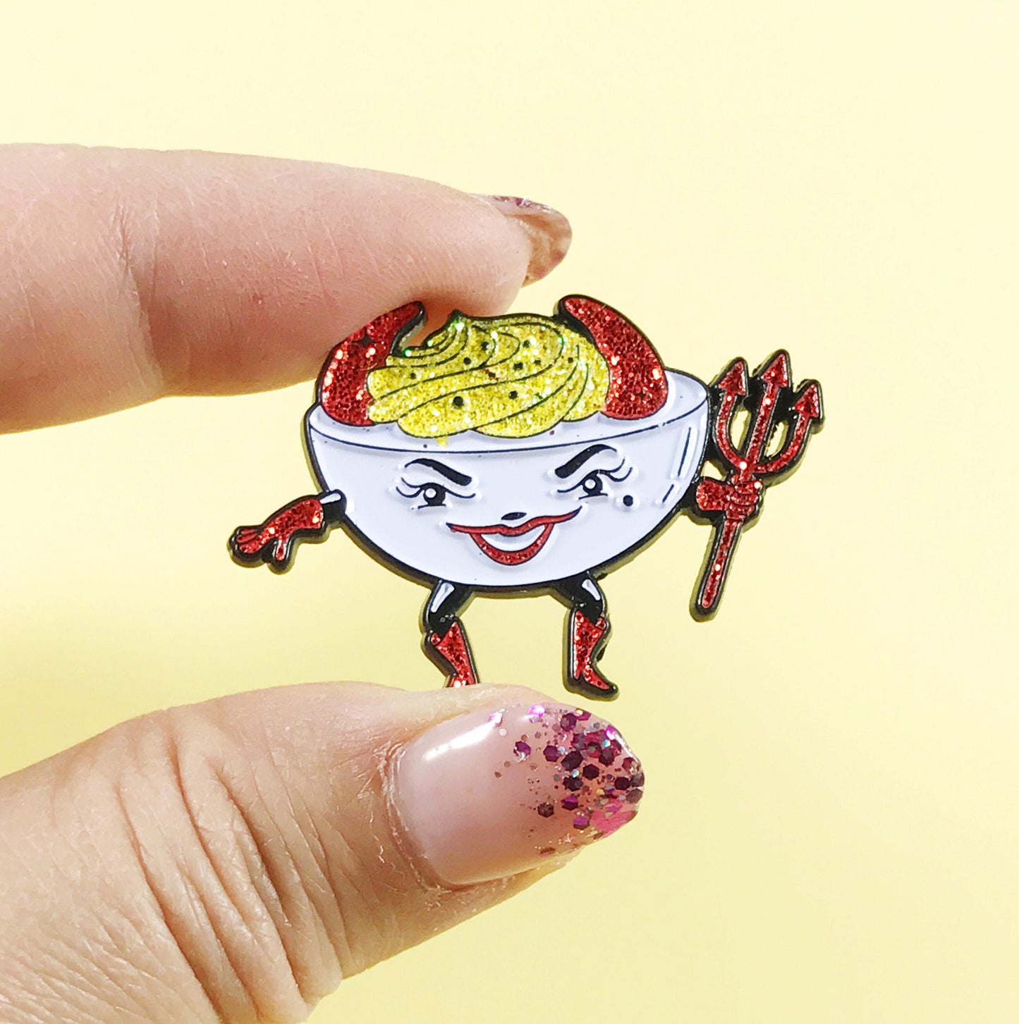 Deviled egg enamel pin with glitter!