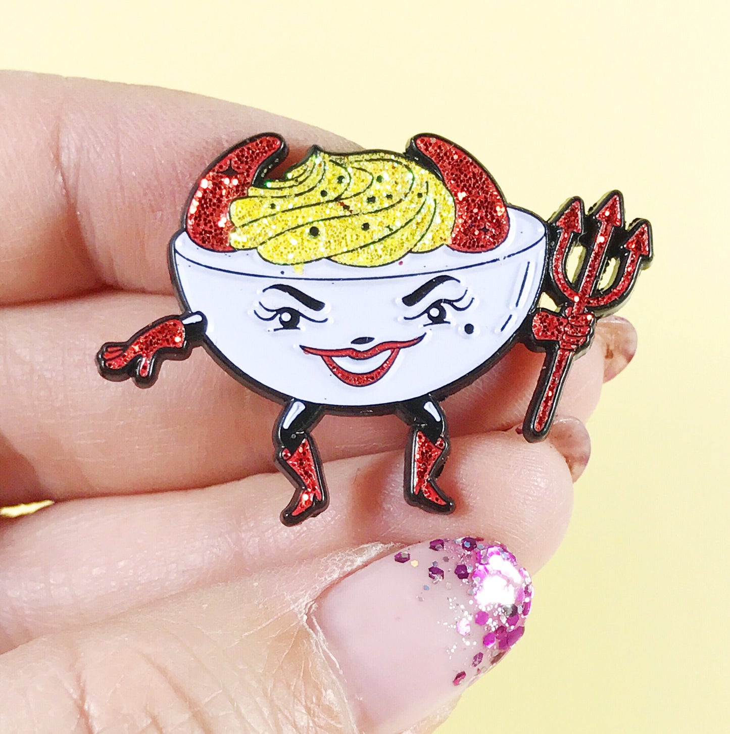 Deviled egg enamel pin with glitter!