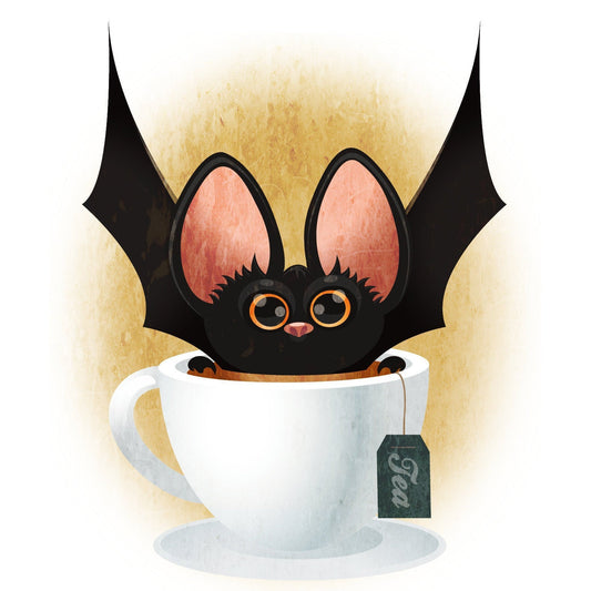 Bat + Tea, Regular Print in 5x7 or 8x10, Quirky Halloween Art, Fall Kitchen Artwork, Original Illustration