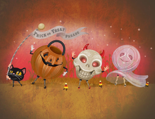 Trick or Treat Parade, Regular Print 8x10, Halloween Art Print, Fall Artwork