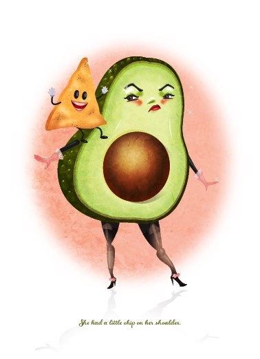 Chip on Her Shoulder Regular Print, Avocado Guacamole, Cute Food Illustration, Original Kitchen Decor, Foodie Art