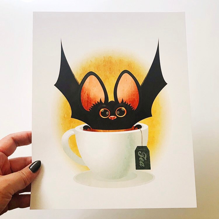 Bat + Tea, Regular Print in 5x7 or 8x10, Quirky Halloween Art, Fall Kitchen Artwork, Original Illustration
