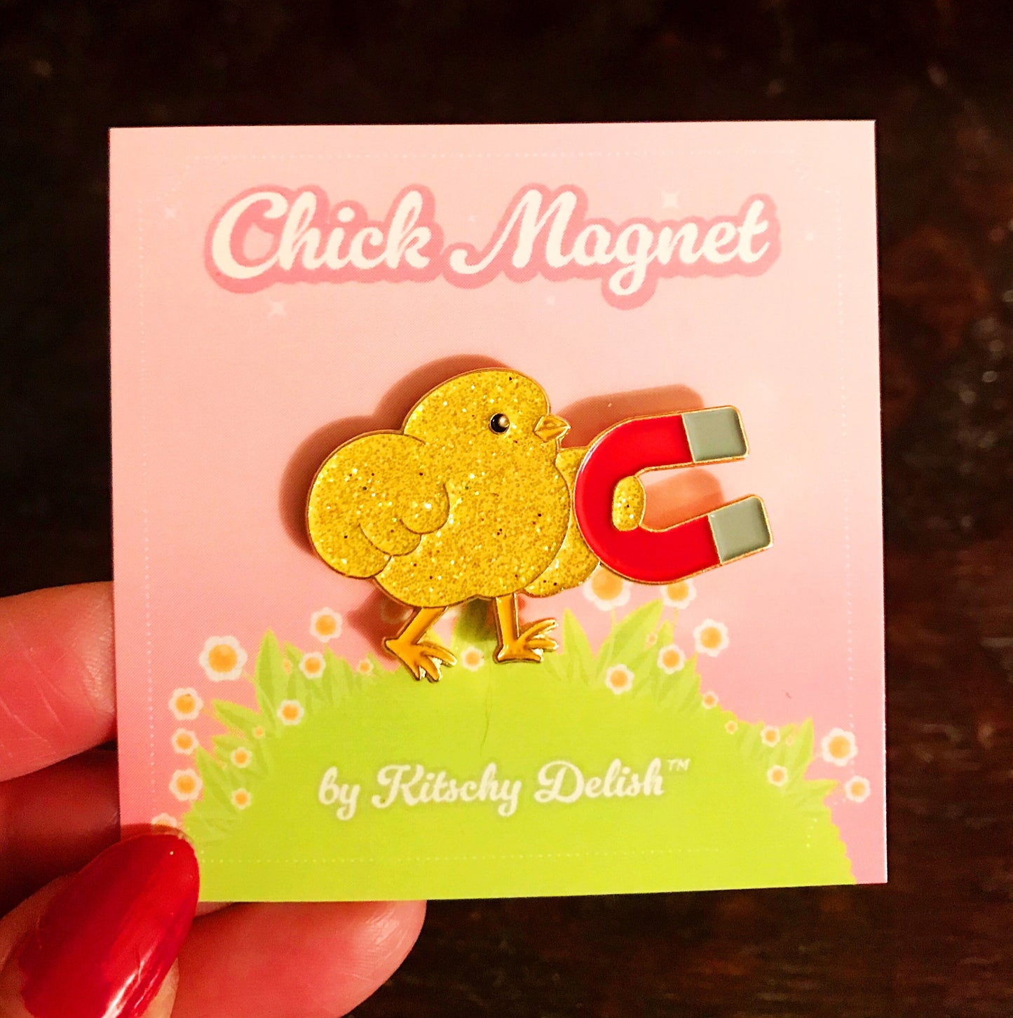 Chick Magnet, soft enamel pin with glitter