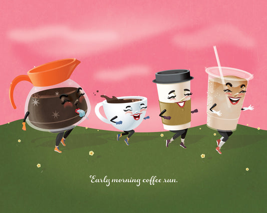 Coffee Run, 10x8 and 7x5 Digital Print on Cardstock, Quirky Wall Decor, Unique Apartment Art, Original Fine Art