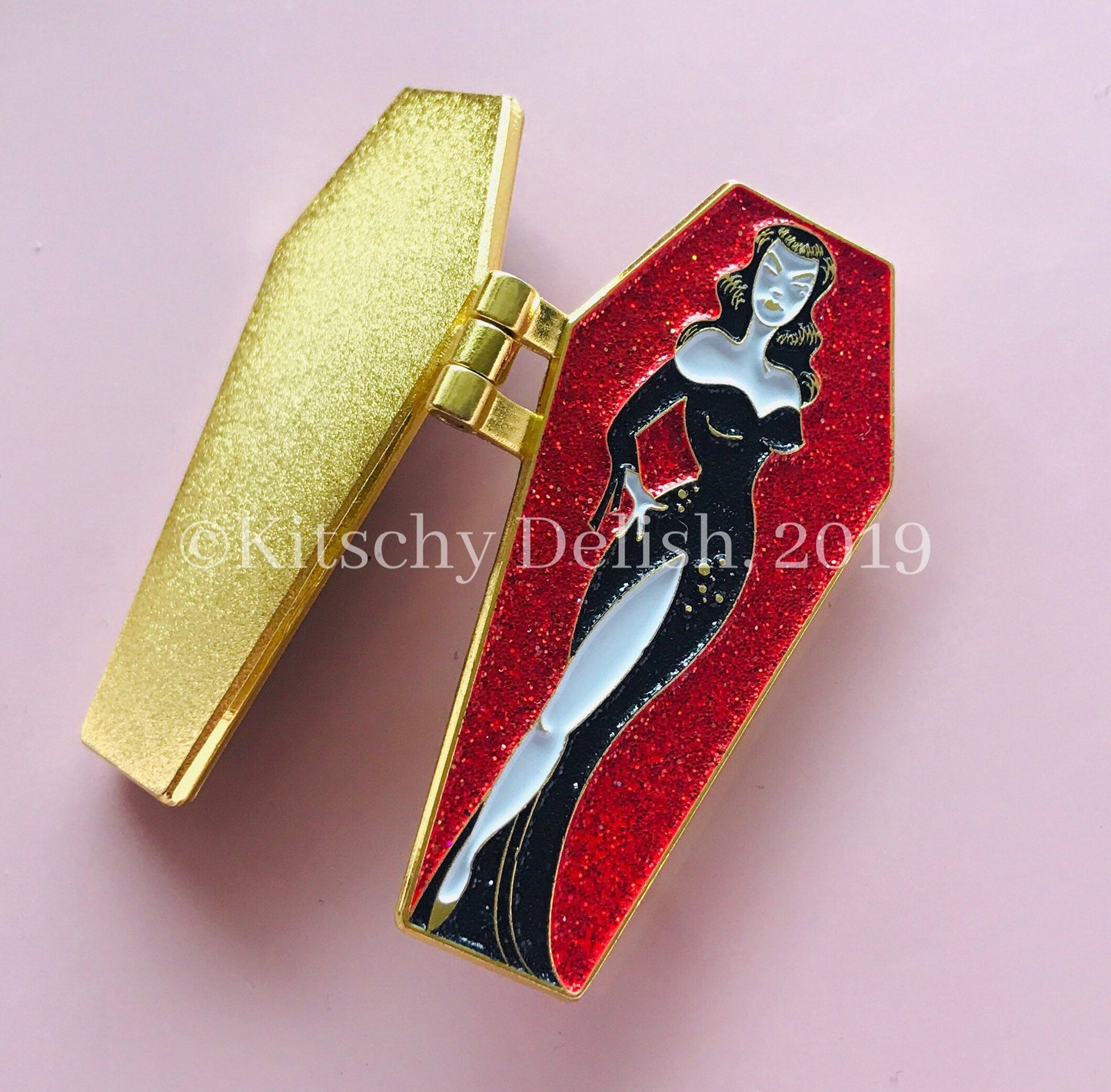 The Vamp, enamel hinge pin with glitter