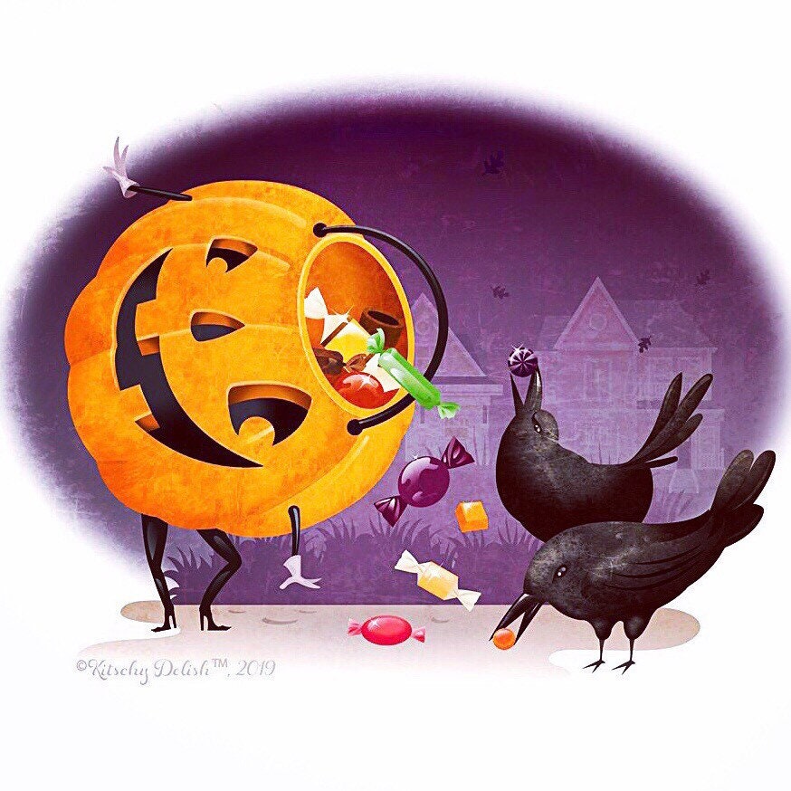 Caring is Sharing Digital Print, Quirky Halloween Art, Fall Artwork, Original Illustration