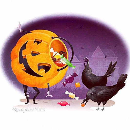 Caring is Sharing Digital Print, Quirky Halloween Art, Fall Artwork, Original Illustration