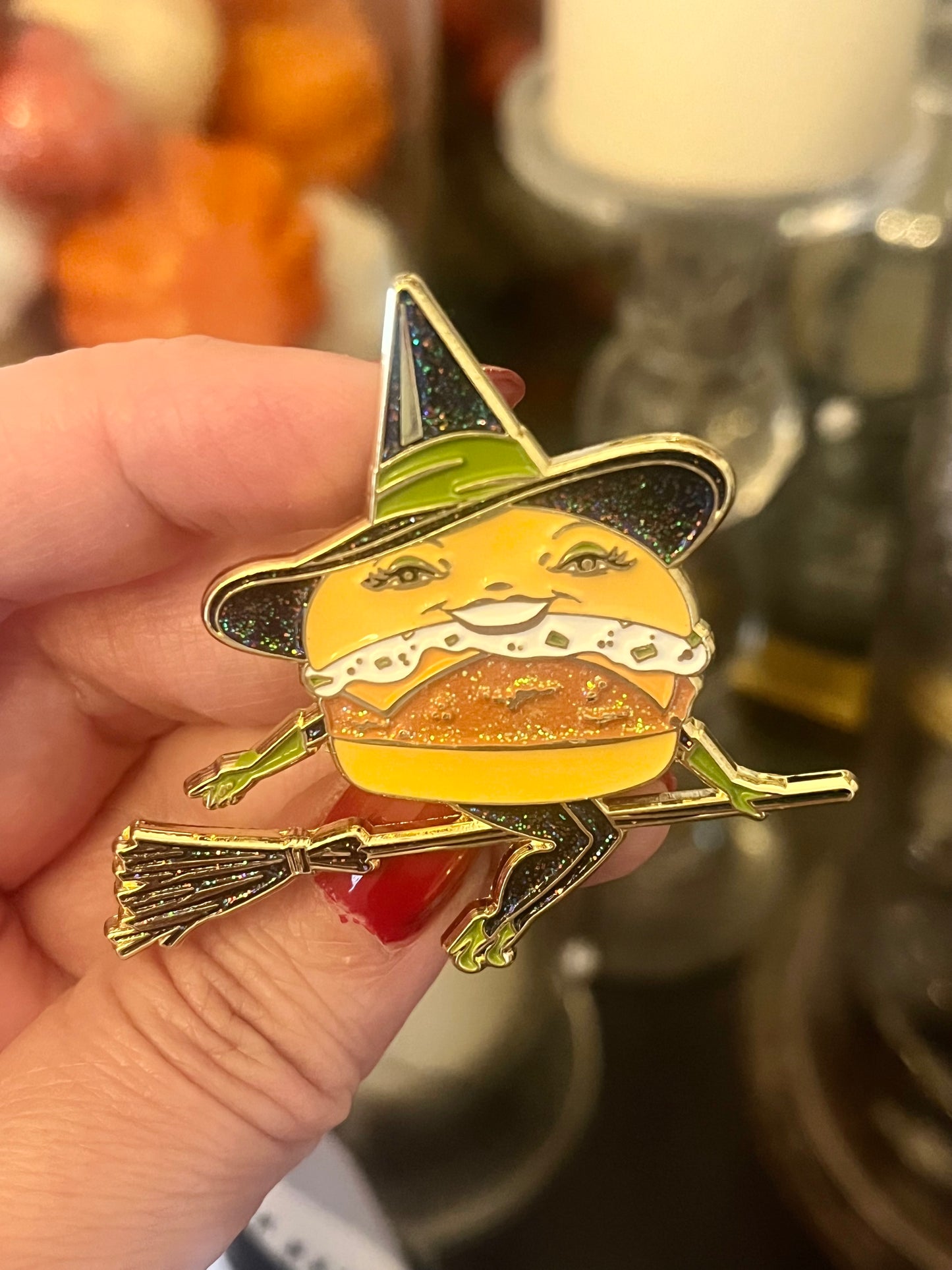 Fish Witch enamel pin with glitter