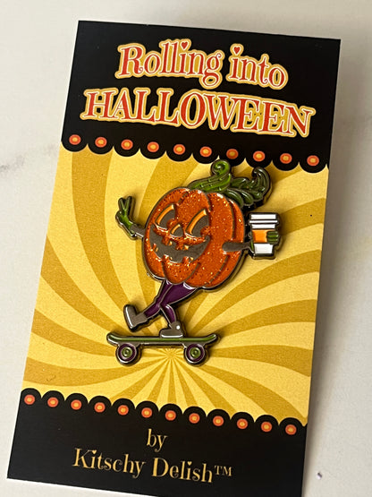 Rolling into Halloween Pumpkin enamel pin with glitter!