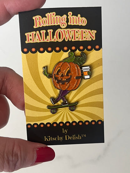 Rolling into Halloween Pumpkin enamel pin with glitter!