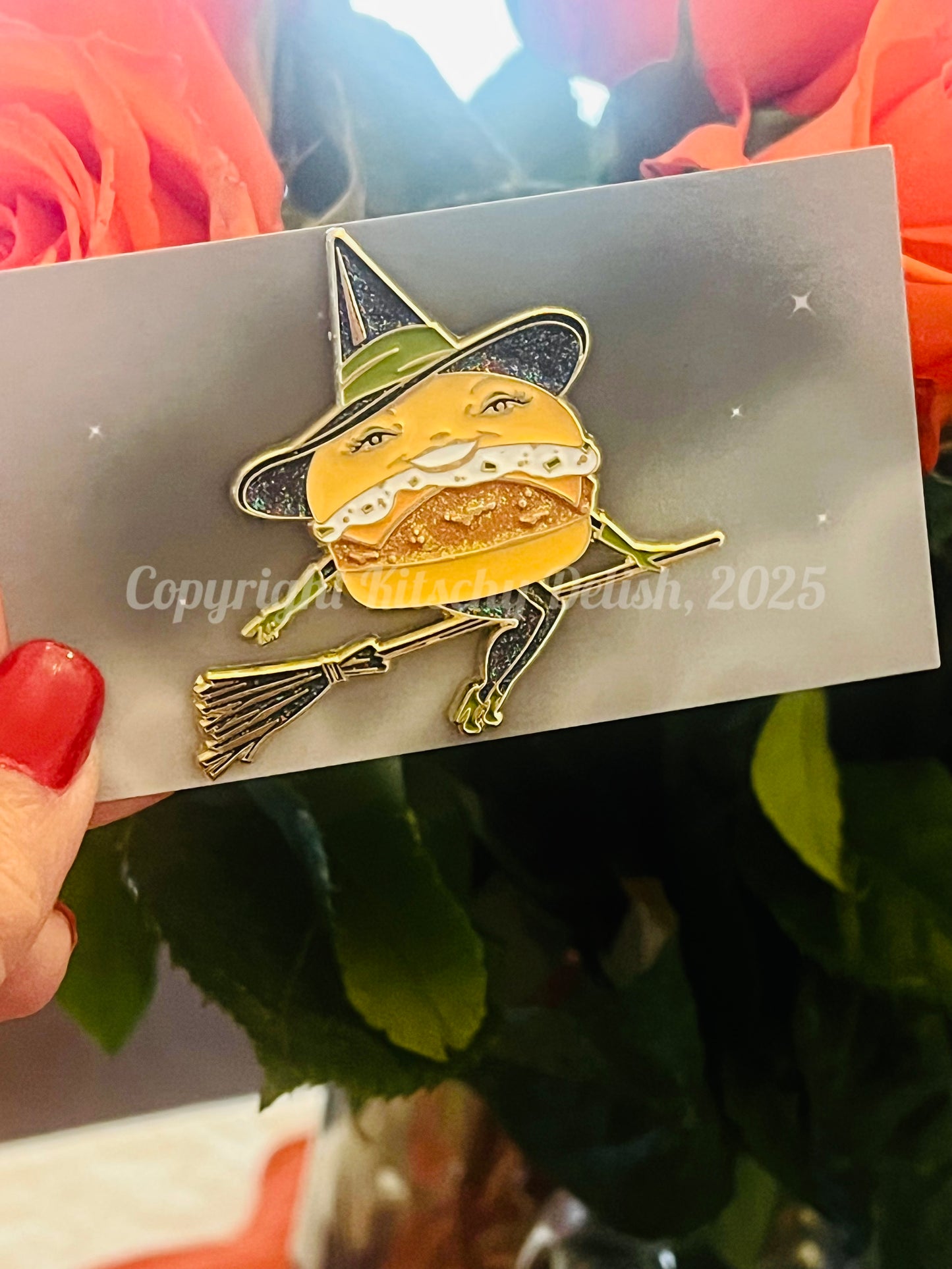Fish Witch enamel pin with glitter