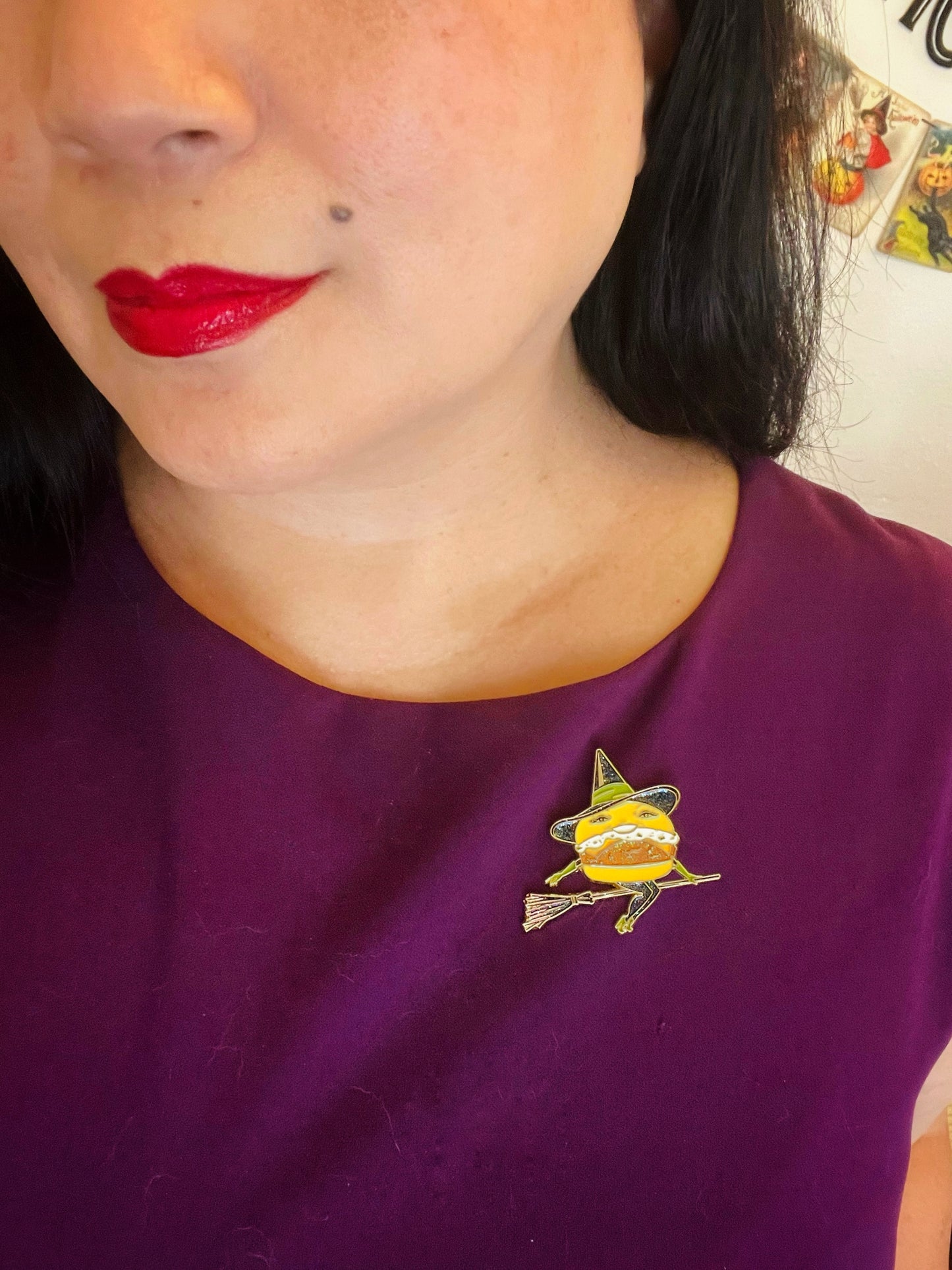 Fish Witch enamel pin with glitter