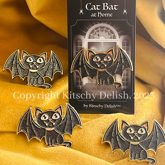 Cat Bat at Home Enamel Pin With Glitter