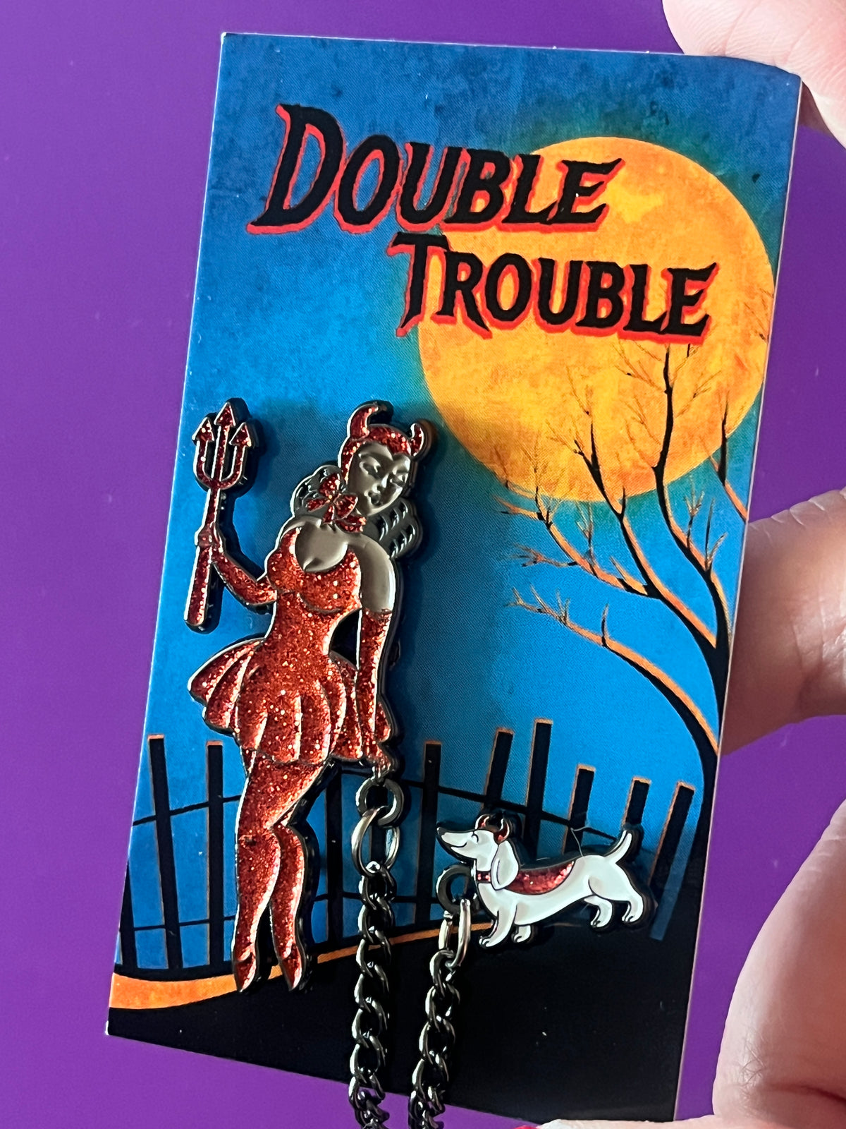 Double Trouble enamel pins with chain