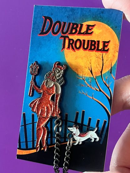 Double Trouble enamel pins with chain