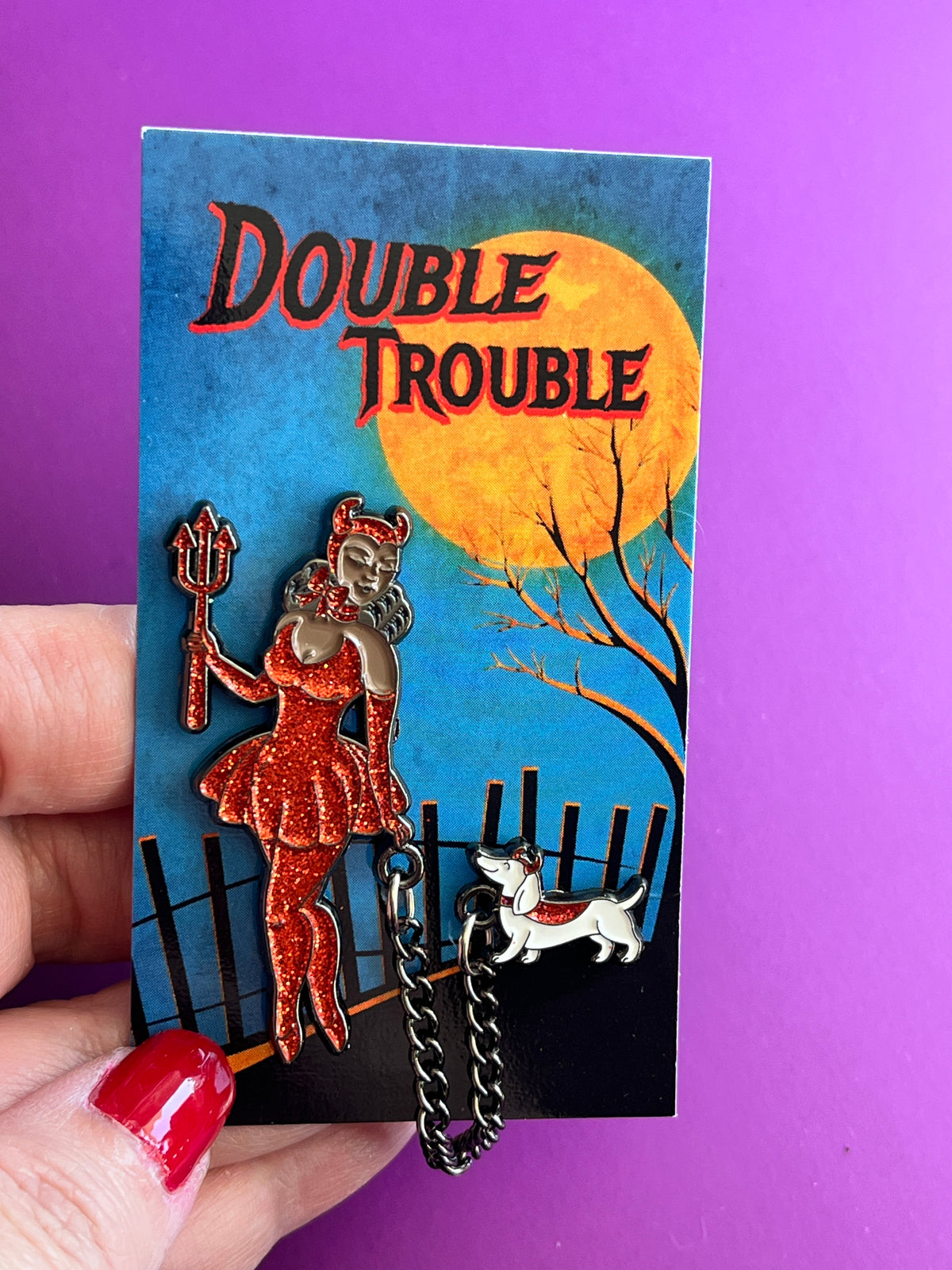 Double Trouble enamel pins with chain
