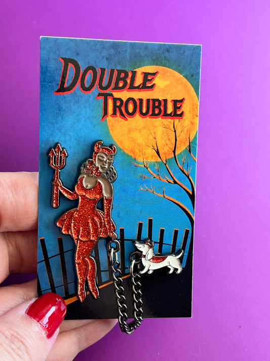 Double Trouble enamel pins with chain