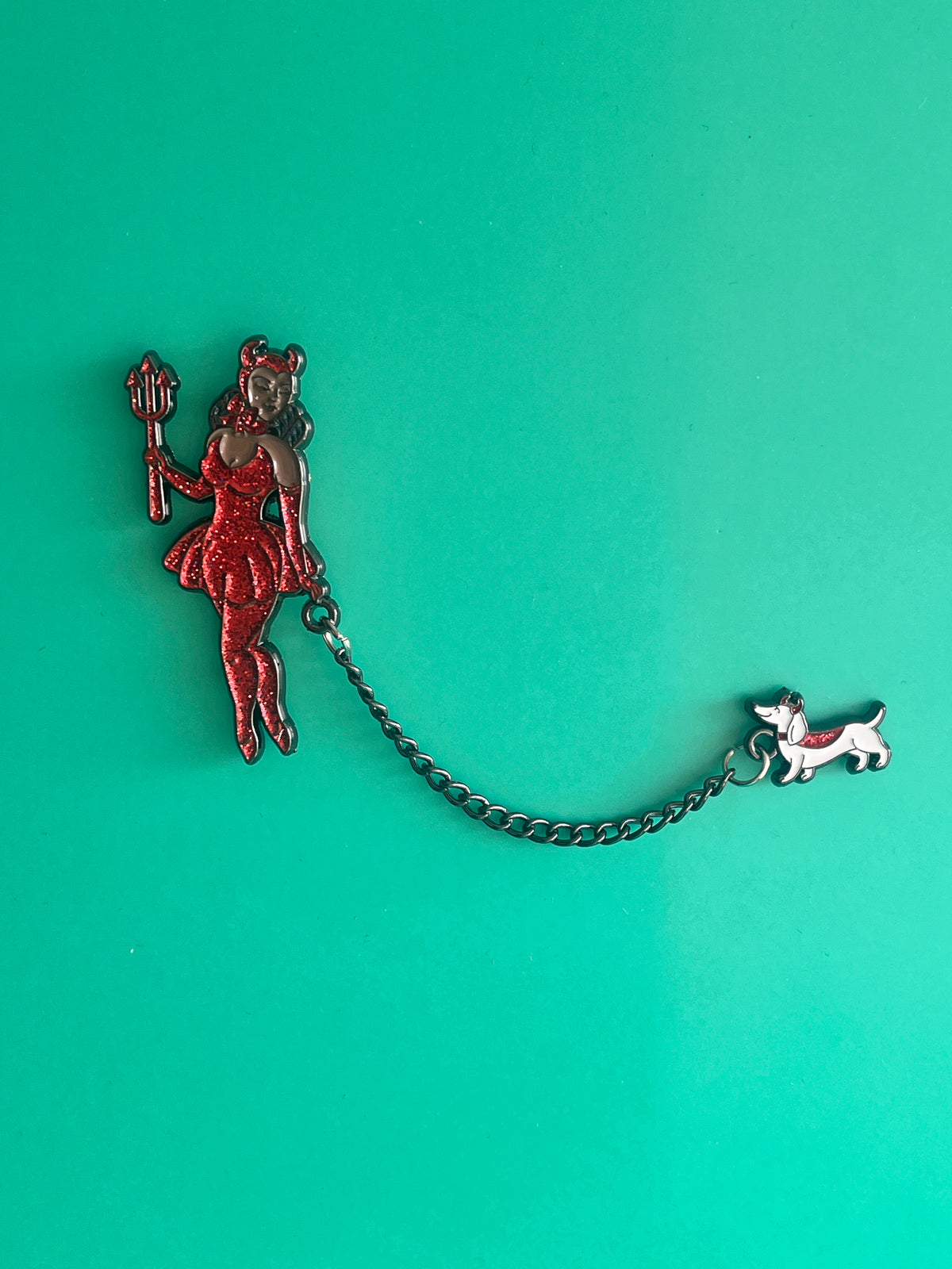 Double Trouble enamel pins with chain