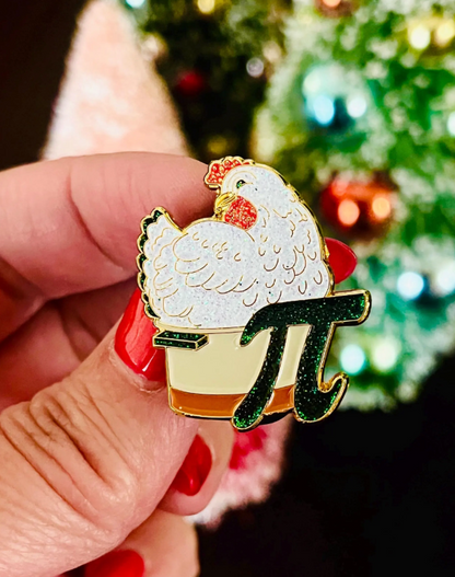 Chicken Pot Pi, enamel pin with glittery highlights