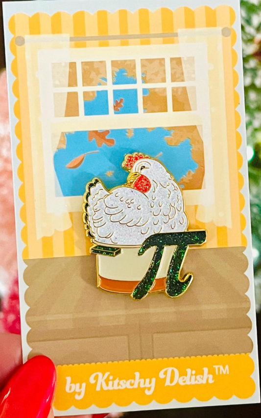 Chicken Pot Pi, enamel pin with glittery highlights