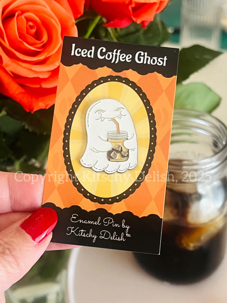 Iced Coffee Ghost Enamel Pin – Glittery Gold Plated Halloween Pin, Cute Fall Accessory