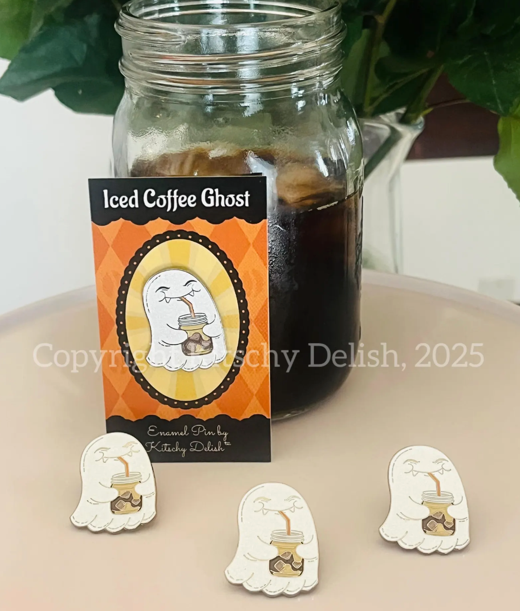 Iced Coffee Ghost Enamel Pin – Glittery Gold Plated Halloween Pin, Cute Fall Accessory