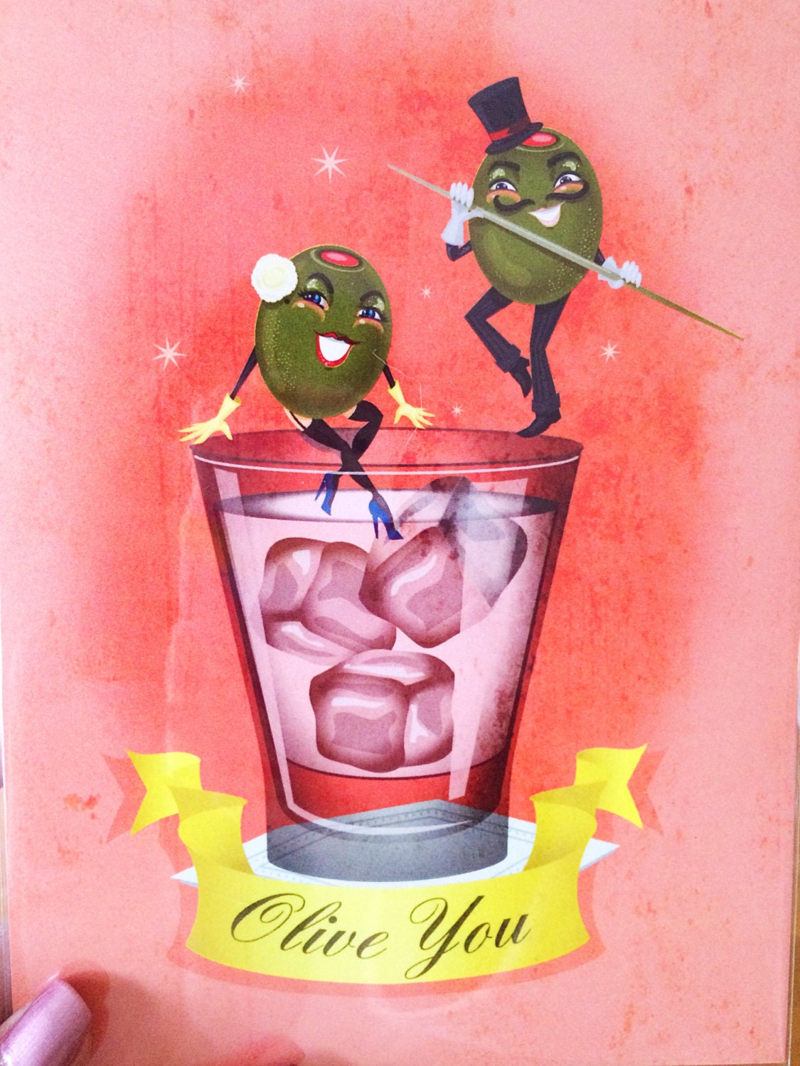 Olive You Regular Print, Martini Illustration, Home Bar Wall Art, Original Illustration