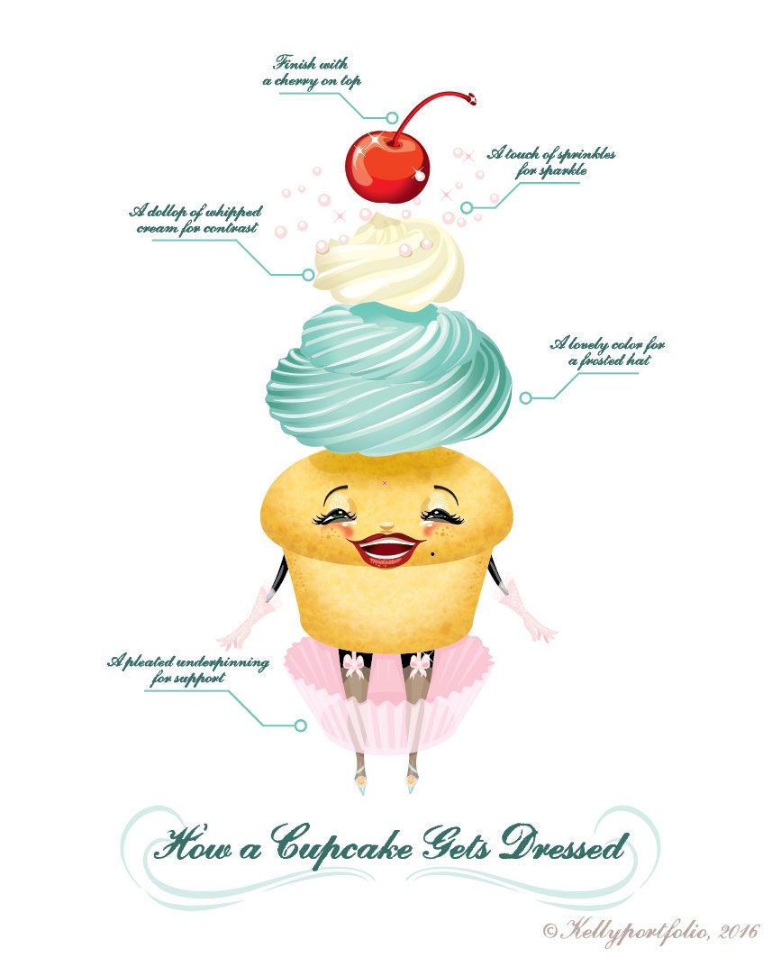 How a Cupcake Gets Dressed Regular Print, Quirky Food Print, Kitchen Wall Art, Original Illustration