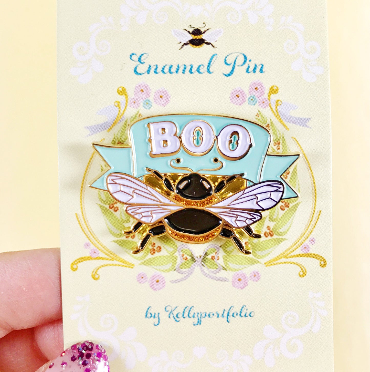 Boo Bee soft enamel pin with glitter highlights!