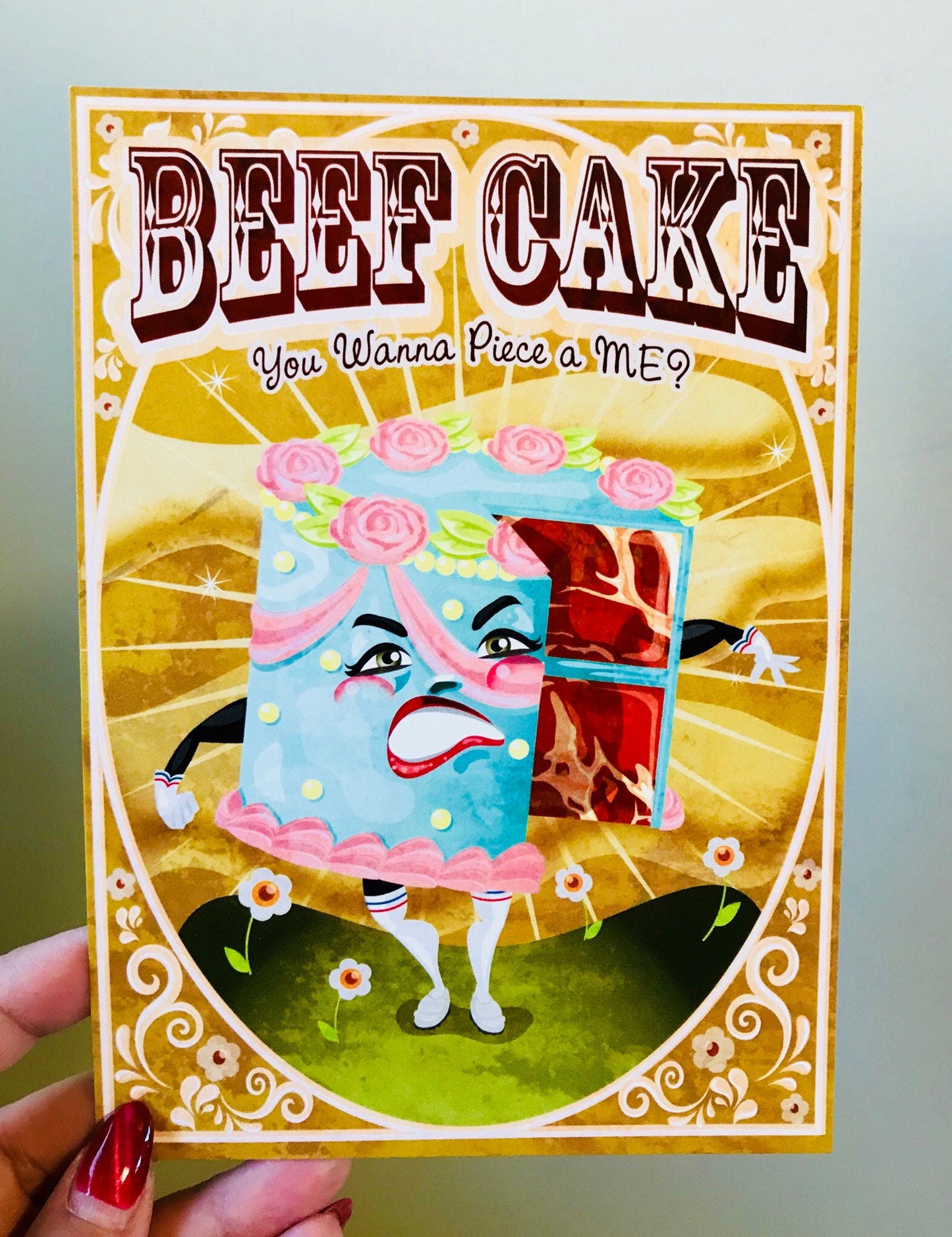 Beef Cake, 5x7 Regular Print, Original Home Decor, Retro Vintage Illustration, Fun Housewarming Gift
