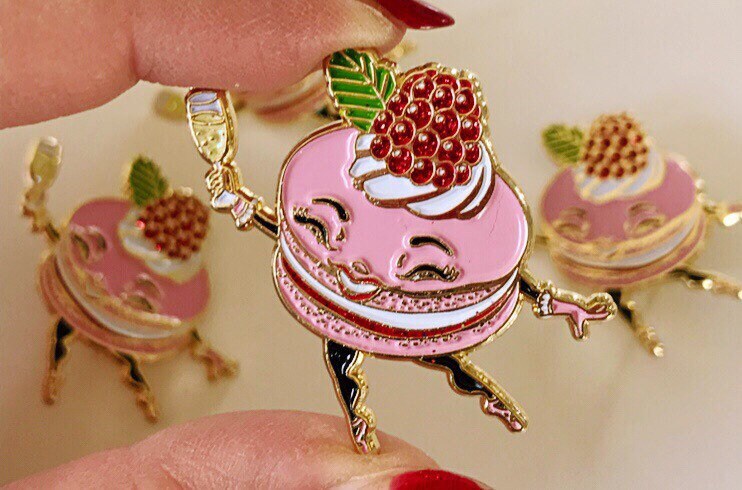Raspberry Macaron soft enamel pin with glitter highlights!
