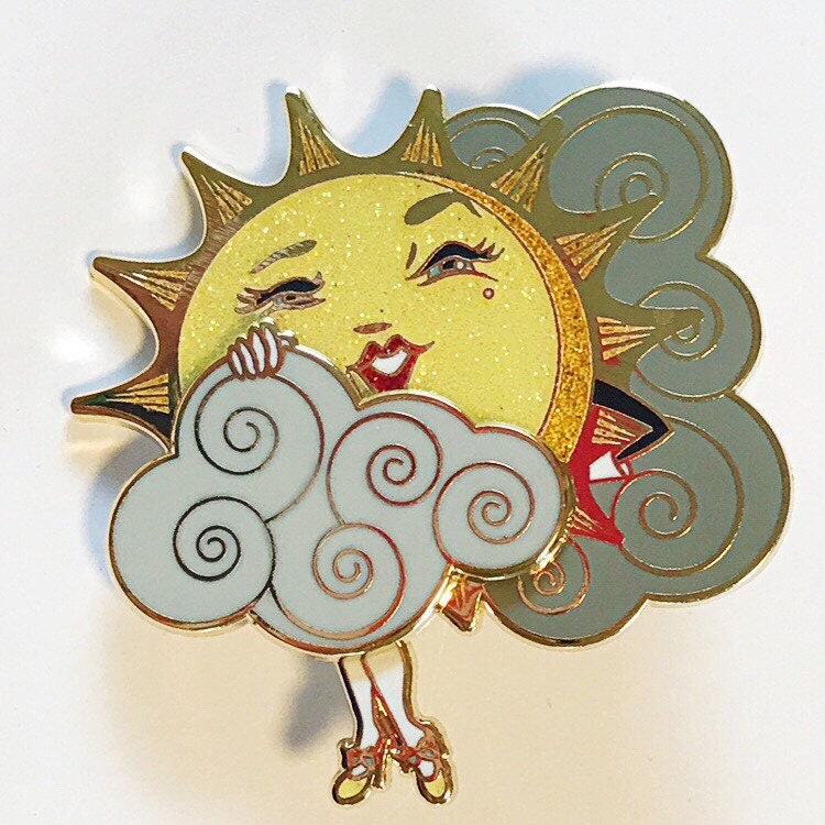 Sliding Cloud Sun Teaser hard enamel pin with glitter!