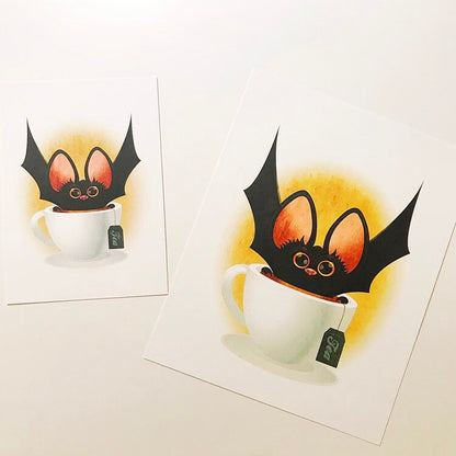 Bat + Tea, Regular Print in 5x7 or 8x10, Quirky Halloween Art, Fall Kitchen Artwork, Original Illustration
