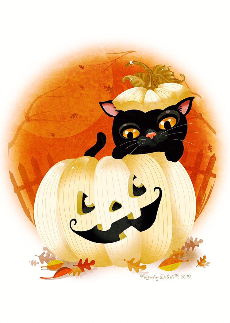 Kitty N' Pumkin Regular Print, Quirky Halloween Art, Fall Artwork, Original Illustration