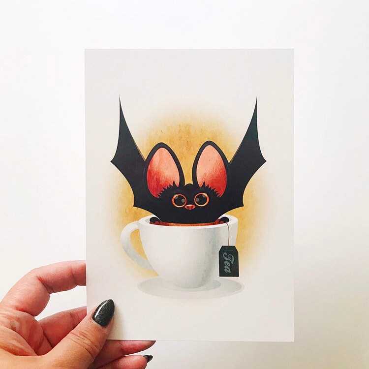 Bat + Tea, Regular Print in 5x7 or 8x10, Quirky Halloween Art, Fall Kitchen Artwork, Original Illustration