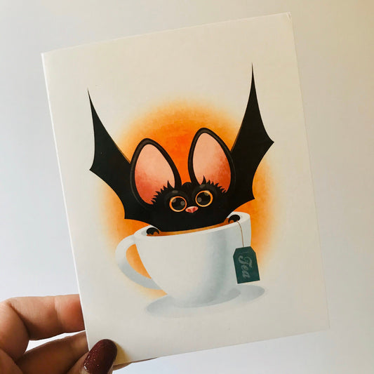 Bat + Tea blank greeting card