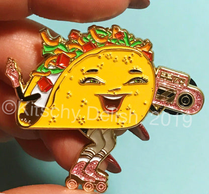 Taco Skate, soft enamel pin with glitter!