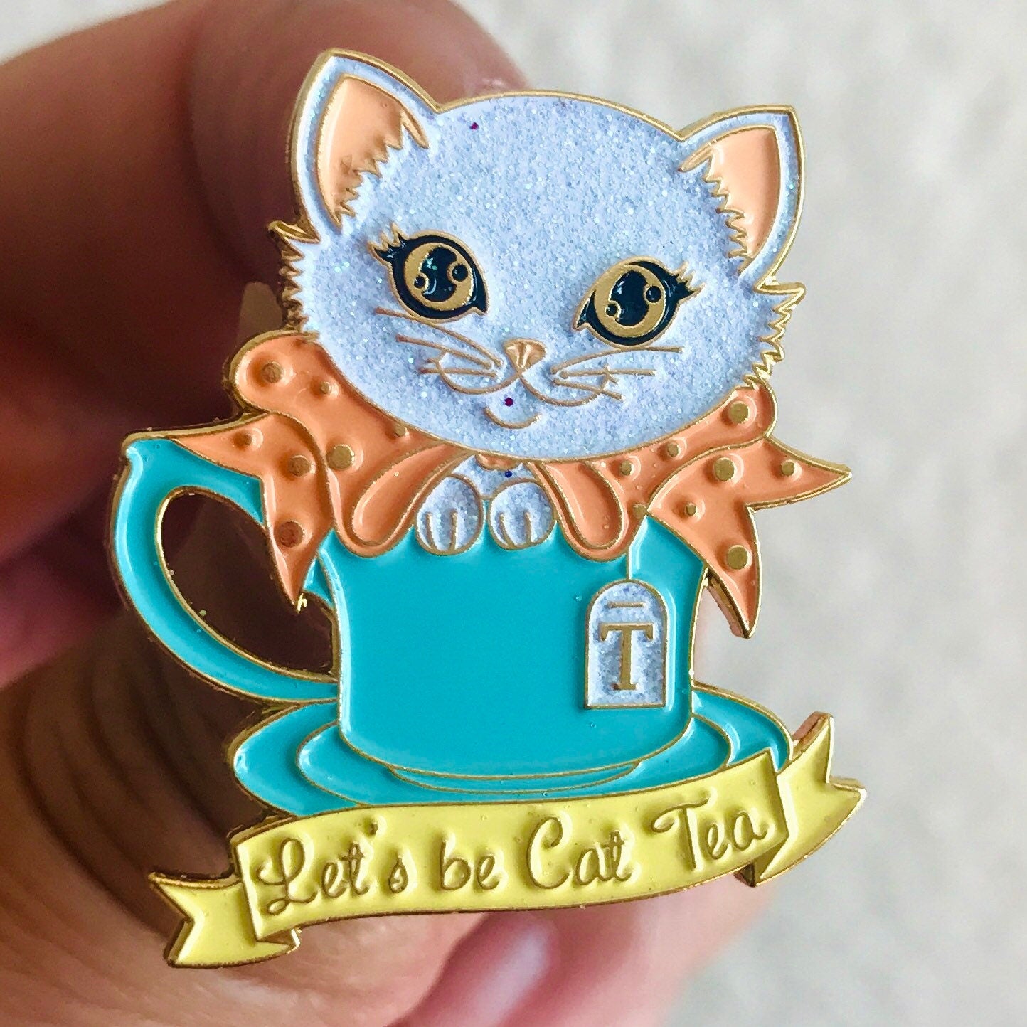 Let’s be Cat Tea soft enamel pin with glittery highlights