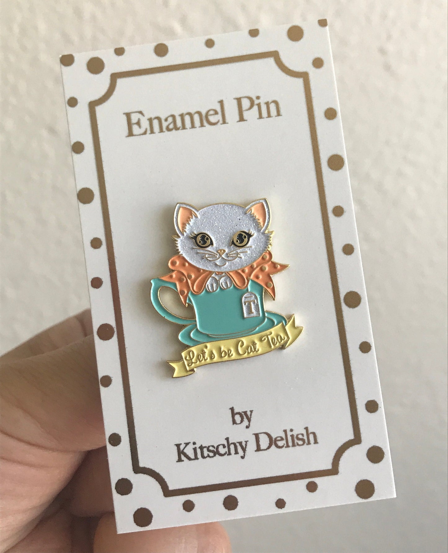Let’s be Cat Tea soft enamel pin with glittery highlights