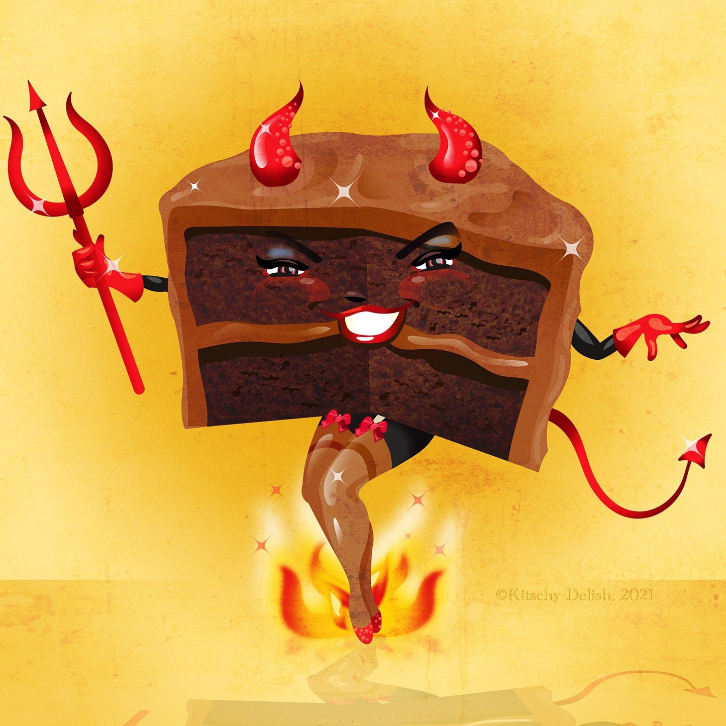Devil's Foodcake! Digital Print on Cardstock, Cute Dessert Illustration, Original Kitchen Decor, Bakery Art