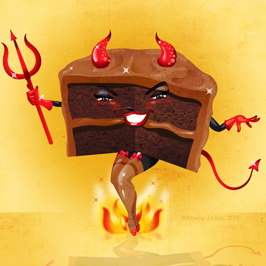 Devil's Foodcake! Digital Print on Cardstock, Cute Dessert Illustration, Original Kitchen Decor, Bakery Art